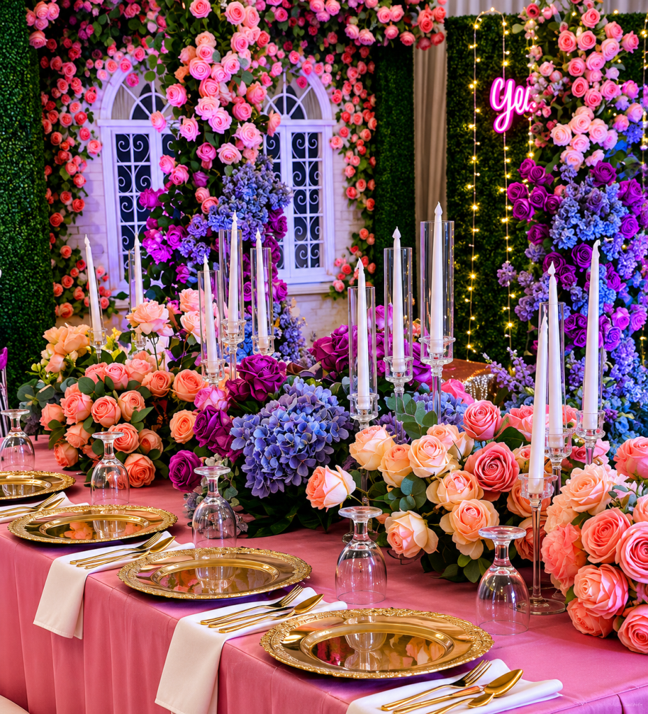 Pink and Purple Floral Garden Debut Set Up Venue Styling with Real Client Review Shabby Chic Style Studio 