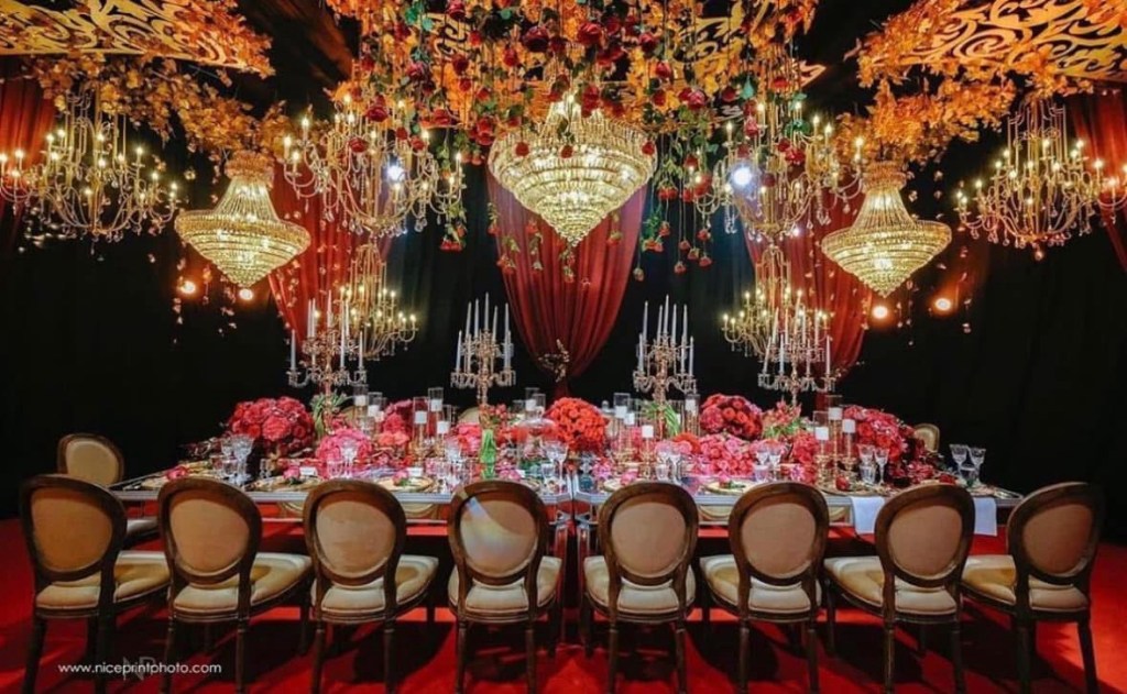 Venue Styling Shabby Chic Style Studio Ceiling Treatmenr Red and Burgundy Theme