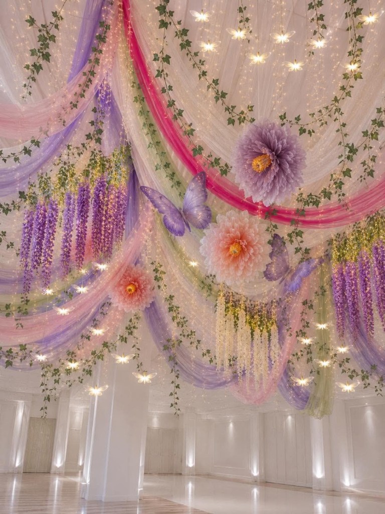 Digital Perspective of Shabby Chic Style Studio’s signature ceiling treatment at Alta Guia, Taguig during a Pink & Purple Butterfly Whimsical Enchanted Forest debut celebration, featuring elegant venue styling, floral ceiling décor, and a luxurious debut setup.