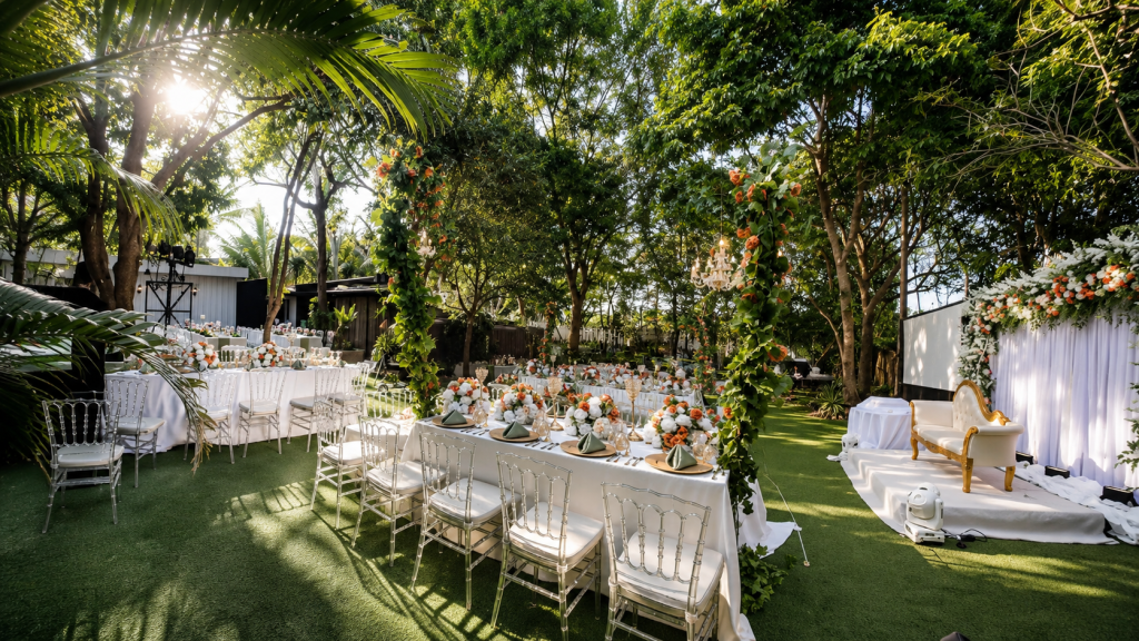 Alt Text:

Elegant forest-inspired garden wedding venue in Tagaytay featuring towering trees, lush greenery, beautifully styled reception tables, a charming barn-style setting, and an outdoor ceremony area. Perfect for destination weddings, garden ceremonies, and all-in wedding packages by Shabby Chic Style Studio.