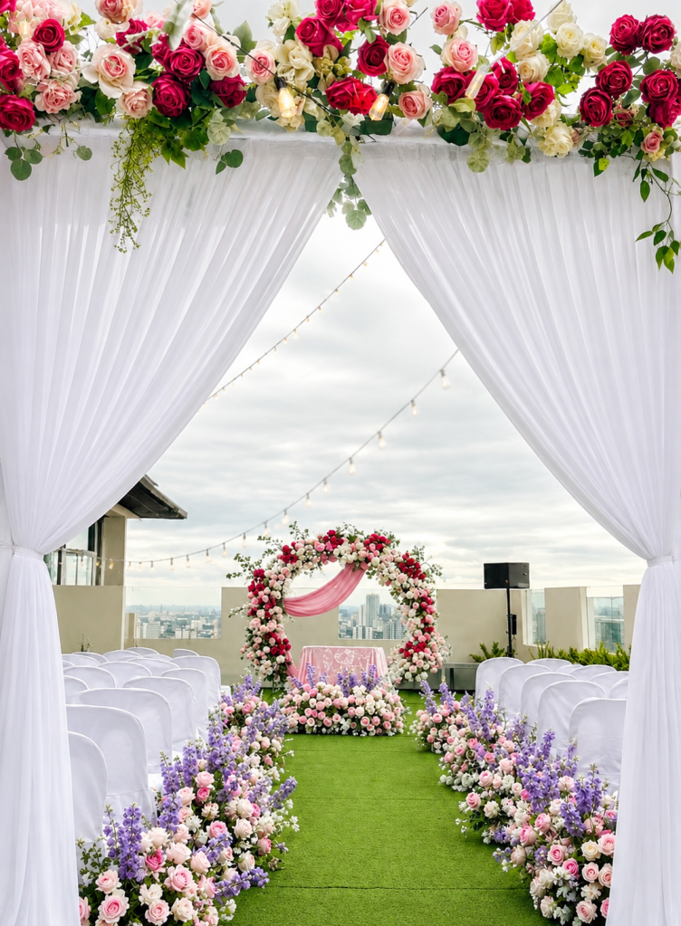 Shabby Chic Style Studio Wedding Ceremony Set Up Garden Pink and Purple